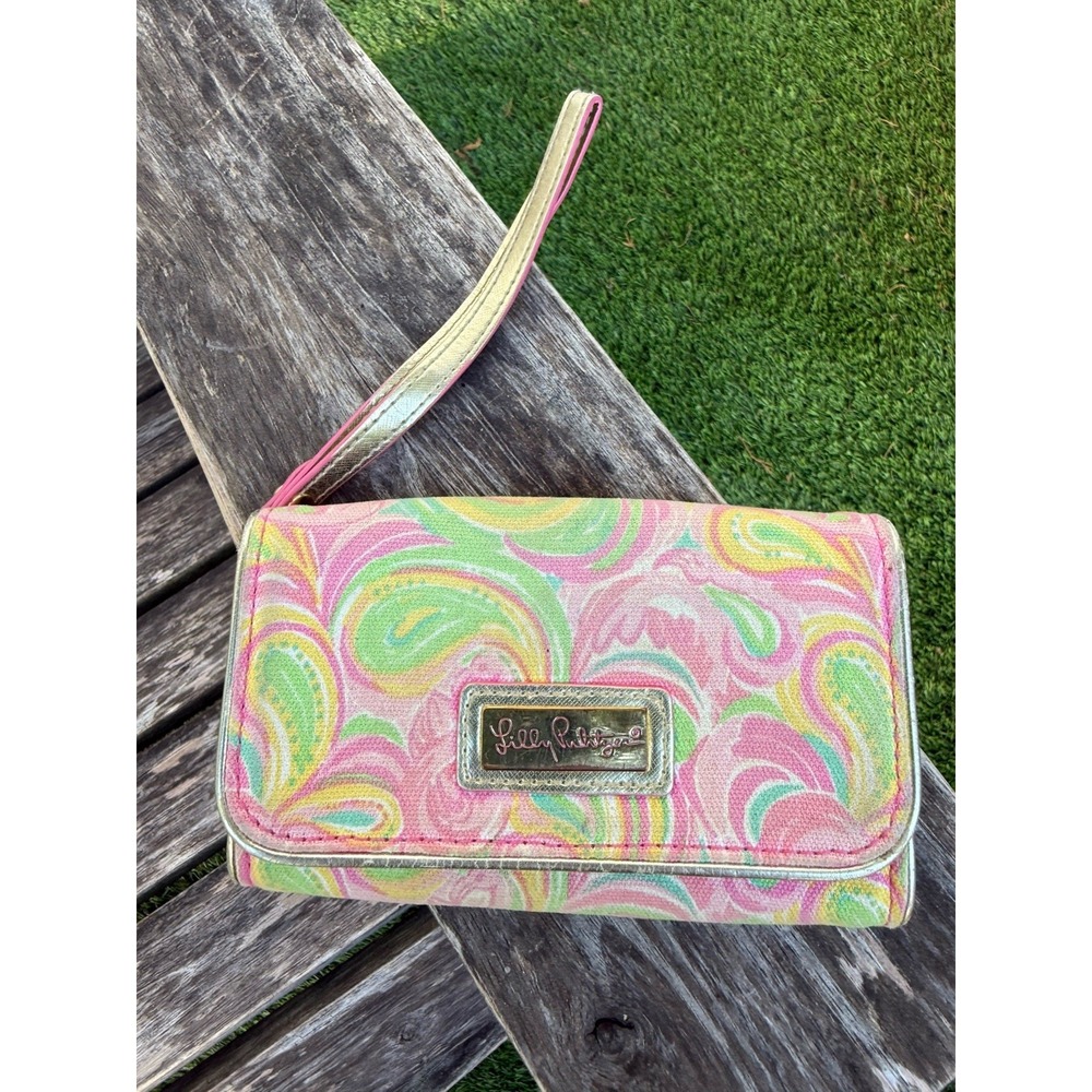 Lilly Pulitzer Floral It's a Keeper Mini Wristlet Clutch Pink Gold Trim S